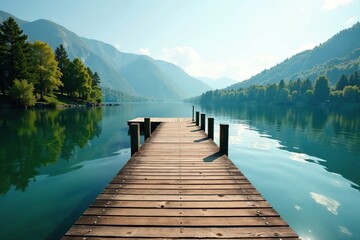 Obraz premium Wooden jetty extending into a serene fishing lake, calm, trees, wooden