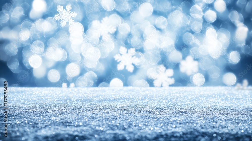 Poster snowflakes falling on sparkling snowy ground with bokeh effect