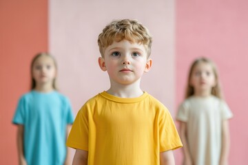 Summer school fosters learning and creativity. Child in vibrant shirt with two girls in background, colorful setting.