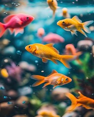 Naklejka premium A vibrant underwater scene featuring various goldfish swimming among colorful aquatic plants.