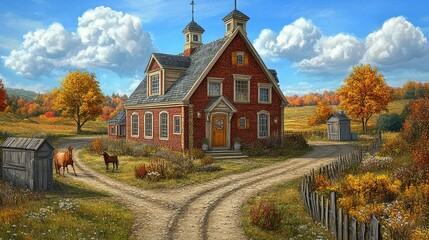 Obraz premium Rustic Red Brick Farmhouse in Autumnal Countryside Setting