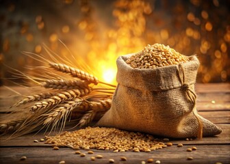 Rustic Still Life: Bag of Wheat on Wooden Table with Spilled Grains, Bokeh Background
