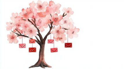 Obraz premium Chinese New year watercolor. A whimsical cherry blossom tree adorned with red envelopes hanging from its branches.