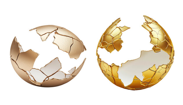 Golden and bronze fractured spheres: abstract broken eggshell art