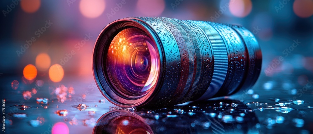 Aufkleber a close-up of a camera lens with colorful reflections and droplets on a shiny surface.