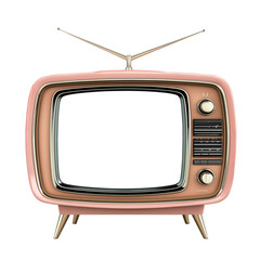 Vintage pink retro television with antenna and dials on transparent background