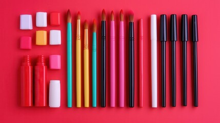 Obraz premium Summer school fosters learning and creativity. Colorful pens and markers arranged on a vibrant red background.