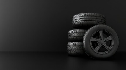 Stack of four black tires with rims on dark background.