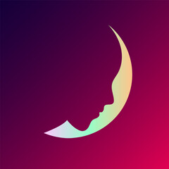 Moon logo and portrait icon isolated on dark background. Spiritual, abstract concept, character illustration. Shiny light on night sky. Elegant design for beauty and spa brand.