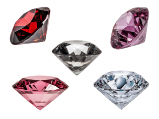 Assorted gemstones: red, pink, and clear diamonds on transparent background