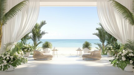 Fototapeta premium Fitness room Serene beach view through elegant curtains and tropical plants.