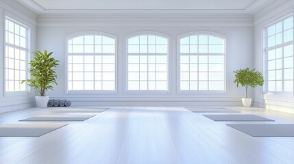 Fototapeta premium Fitness room Bright, spacious room with large windows and plants.