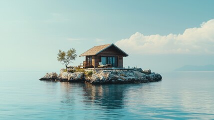 Fototapeta premium Secluded Wooden Cabin on a Private Island