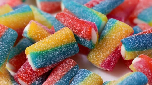 Bright colorful sweet and sour gummy candy rolls falling down close up