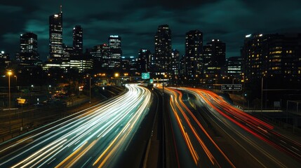 Fototapeta premium Nighttime view of a motorway with headlights of cars creating streaks of light against the dark sky.