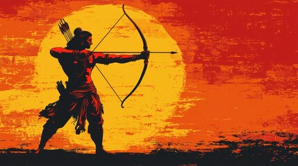 Minimalist Illustration of Lord Rama Holding Bow in Sunset Background