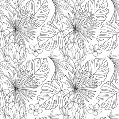 Tropical Plants Background. Tropical Seamless Pattern Trendy graphics. Tropical Flowers and Leaves Line Art. Tropical flowers seamless pattern