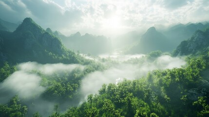 Obraz premium Mist Rolling Over a Tranquil Valley with Lush Greenery