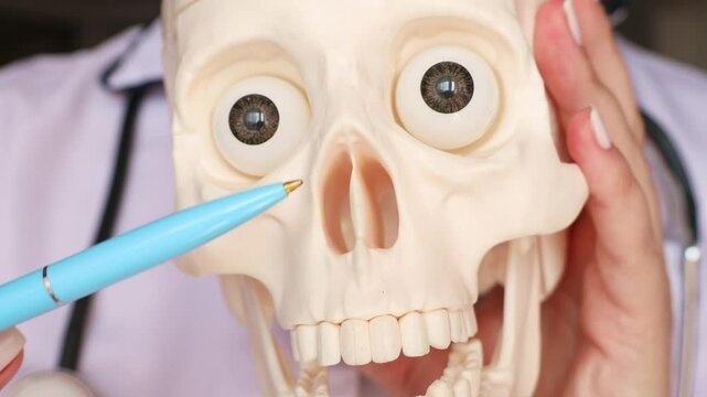 Doctor hand holding simple human skull model and pointing nasal and zygomatic bones with a pen close up