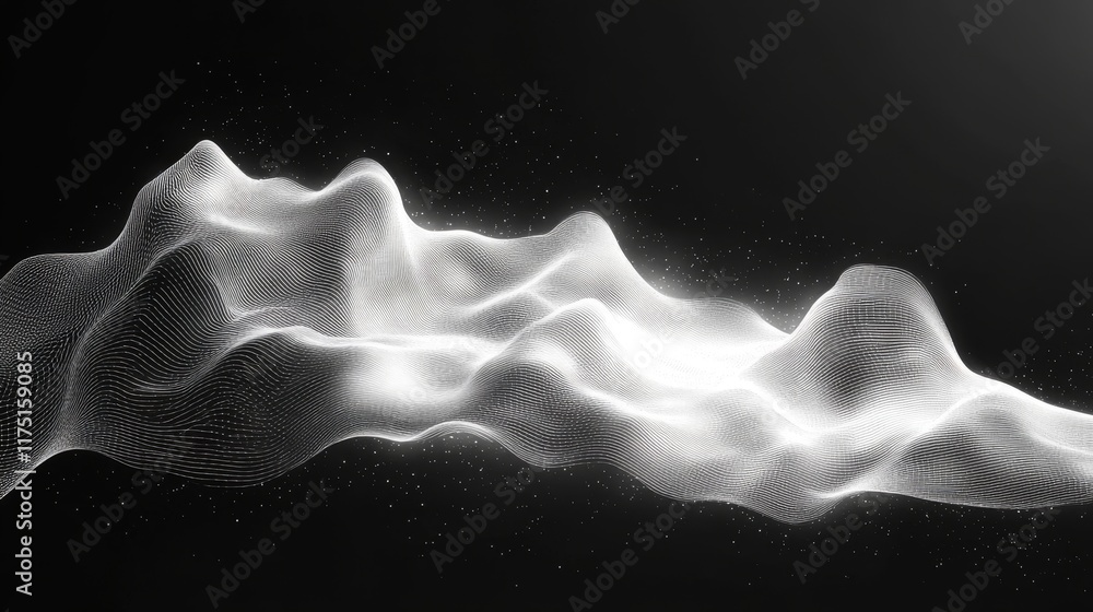 Poster abstract digital topography with sparkling particles over dark void
