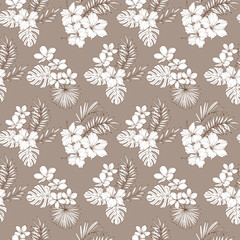 Tropical Plants Background. Tropical Seamless Pattern Trendy graphics. Tropical Flowers and Leaves Line Art. Tropical flowers seamless pattern