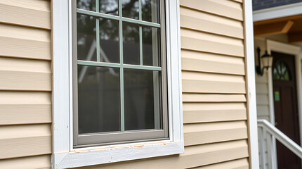 Fototapeta premium Close-up view of a beige vinyl-sided house exterior featuring a multi-paned window with a white frame. The window is centrally positioned, and a portion of a neighboring house's exterior is visible.