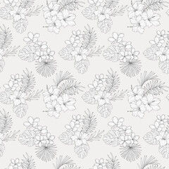 Tropical Plants Background. Tropical Seamless Pattern Trendy graphics. Tropical Flowers and Leaves Line Art. Tropical flowers seamless pattern