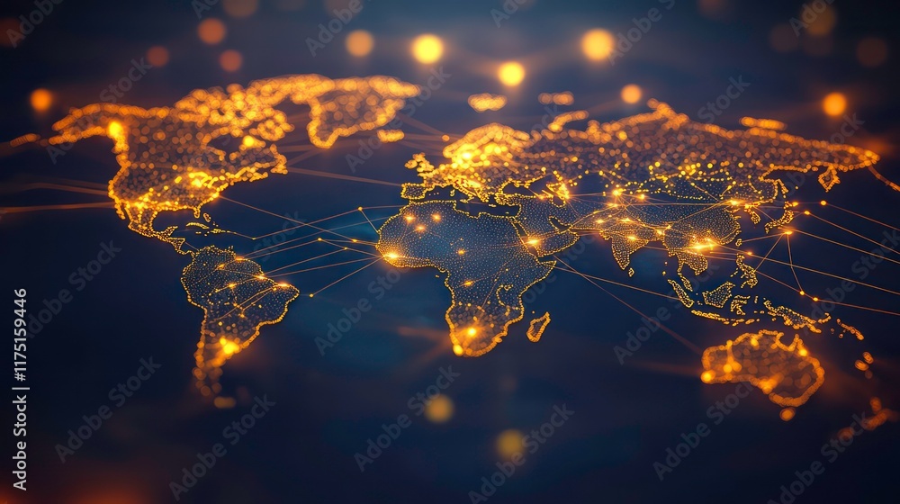 Poster glowing world map with interconnected nodes representing global network, communication, and data flo