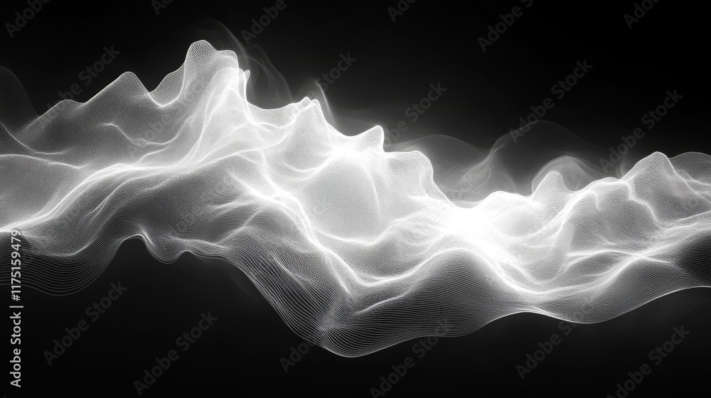 Poster ethereal white waves of digital light flowing across a dark void revealing the complexity of the dig