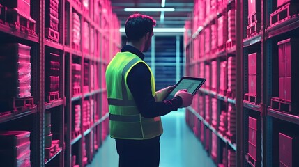 Warehouse Worker Uses Tablet in Pink Lit Aisles