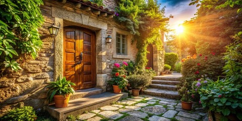 Fototapeta premium Rustic Wooden House Entrance, Countryside Home Exterior, Front Door, Pathway, Charming Cottage