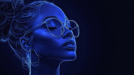 Obraz premium Sapphire Serenity, A Monochromatic Portrait in Electric Blue Highlighting a Woman,s Contemplative Expression and Stylish Eyewear