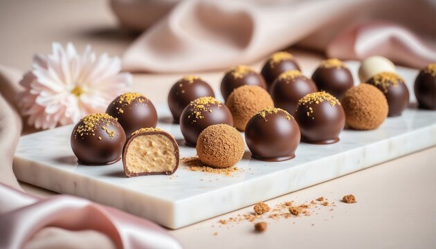 Romantic chocolates. A tempting arrangement of chocolate truffles, some cut open to reveal their creamy filling, accented by a soft pink fabric and a delicate flower. - Powered by Adobe