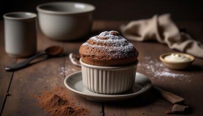 Romantic chocolates. A beautifully presented chocolate souffle dusted with powdered sugar, surrounded by rustic kitchenware on a wooden table.