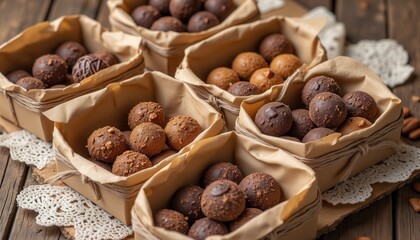 Romantic chocolates. Assorted energy balls in brown paper baskets, resting on a wooden surface, showcasing a variety of flavors and textures.