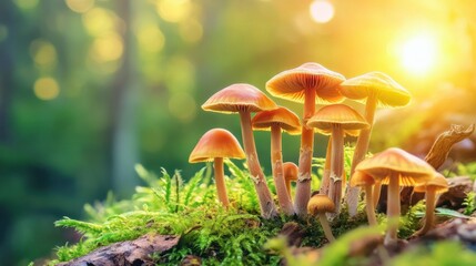 Fototapeta premium A conceptual design showcasing mushrooms in a glowing forest setting, highlighting their natural health benefits
