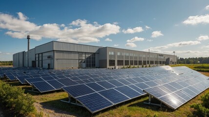 Solar Panels Powering Modern Industrial Building: A Serene, Bright Day