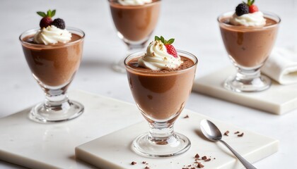 Romantic chocolates. Five elegant chocolate mousse cups topped with whipped cream and berries, served on a marble platter, perfect for dessert lovers.