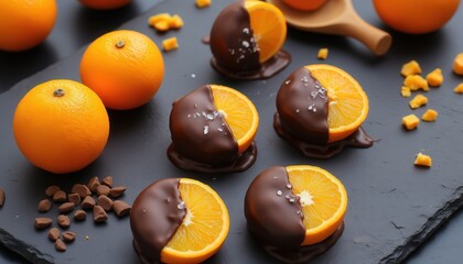 Romantic chocolates. Chocolate-dipped orange slices arranged on a slate board, alongside whole oranges and chocolate chips, creating a vibrant and delicious treat display.