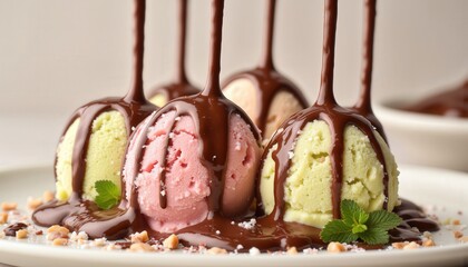 Romantic chocolates. A delectable dessert featuring colorful ice cream scoops drizzled with rich chocolate sauce, garnished with mint and nuts on a white plate.