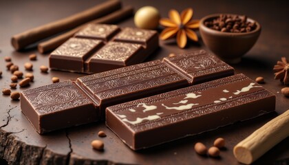 Romantic chocolates. A visually appealing arrangement of chocolate bars surrounded by spices, cocoa beans, and a wooden surface, evoking a rich, indulgent atmosphere.