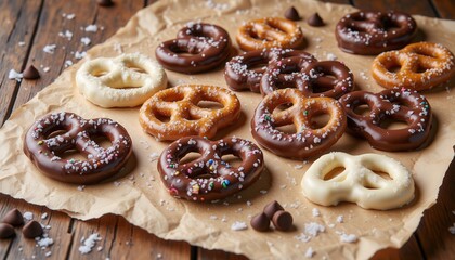 Romantic chocolates. A tempting assortment of chocolate-covered pretzels on parchment paper, featuring various flavors and sprinkled with salt, perfect for snacking.