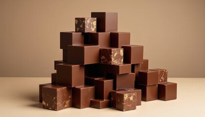 Romantic chocolates. A visually appealing arrangement of chocolate cubes stacked to form a pyramid, showcasing rich textures and shades of brown.