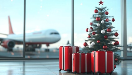 Fototapeta premium Christmas Travel: Festive Airport Scene with Luggage and Decorated Tree