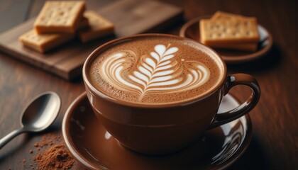 Romantic chocolates. A beautifully crafted latte with intricate foam art, served in a brown cup alongside crispy cookies, evoking a cozy cafe atmosphere.