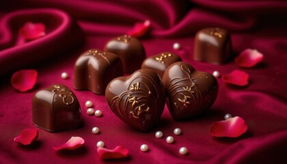 Romantic chocolates. A romantic arrangement of heart-shaped chocolates on a rich, red fabric, adorned with rose petals and decorative pearls.