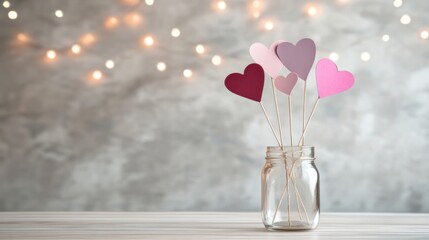 Pink and purple paper hearts in glass jar on wooden table against bokeh lights.