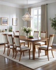 Elegant dining room setup with wooden table and comfortable chairs, perfect for gatherings and meals