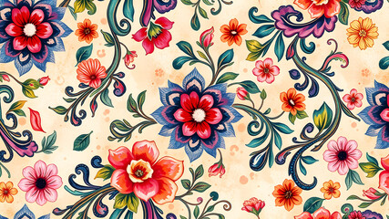 Intricate watercolor paisley pattern, multicolor, rich textures, vibrant hues, seamless floral design, women clothing, abstract elements, intricate vines, blooming flowers. Generative AI