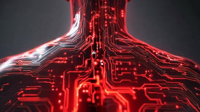 A human torso with circuits flowing like veins, representing the lifeblood of technology in human existence